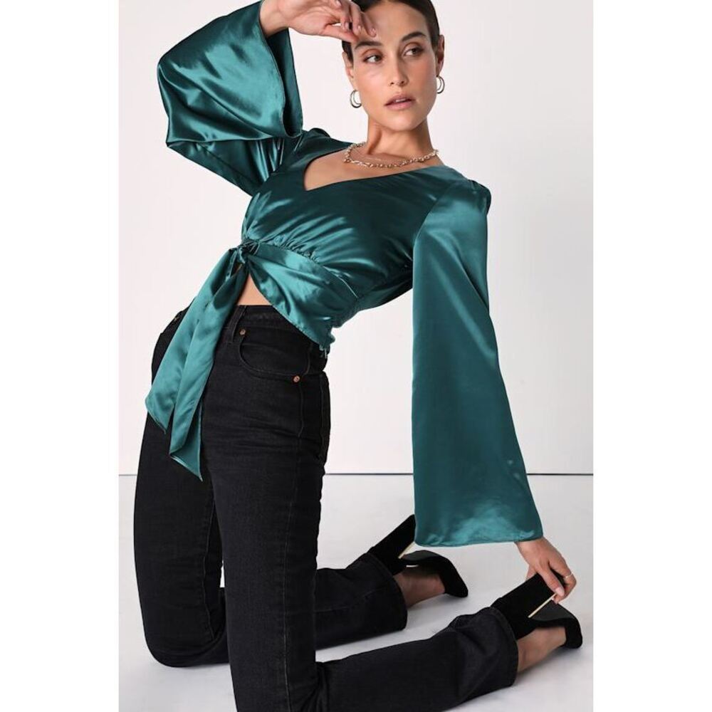 Lulus Every Excuse Emerald Green Satin Tie-front Bell Sleeve Top - Size S